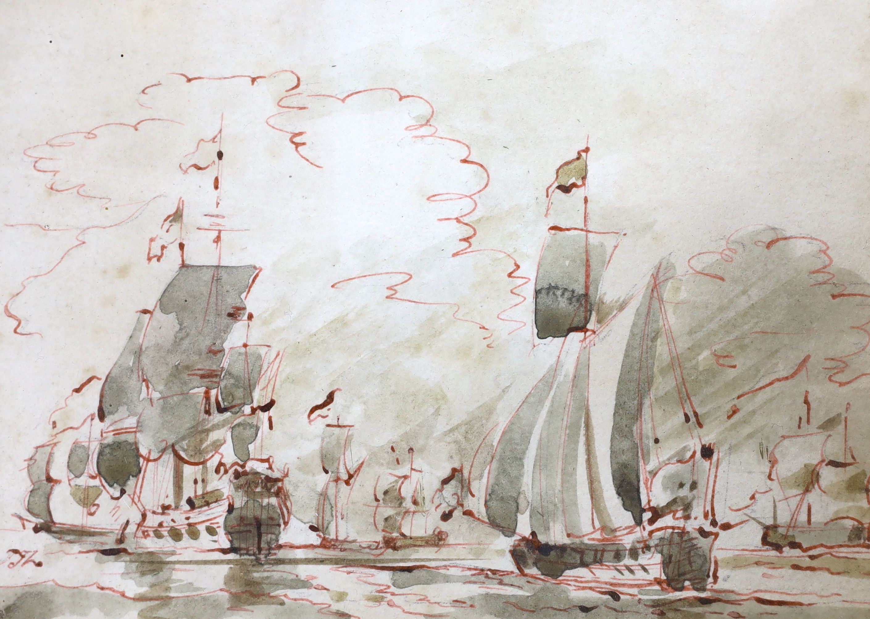 Old Master drawing, red ink and wash, Warships at sea, initialled, 11.5 x 16cm